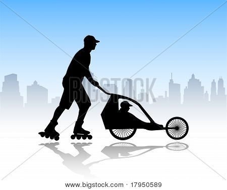 rollerskater pushing stroller