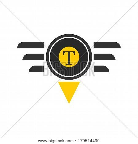 Taxi logotype in round shape with triangle and lines isolated on white. Vector illustration of taxiing company logo design in flat style, delivery passengers service in yellow and black colors.