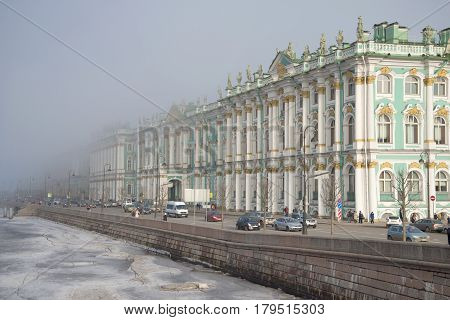 ST PETERSBURG, RUSSIA - MARCH 12, 2017: The fog tightens the Winter Palace. March in St. Petersburg