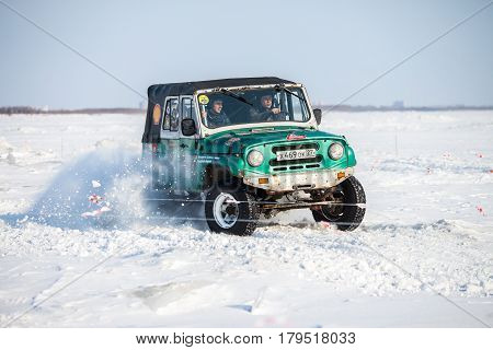 KHABAROVSK RUSSIA - JANUARY 28 2017: UAZ 469 riding on snow during local championship