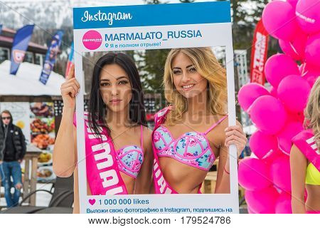Two Young Happy Pretty Women In Colorful Bikini With Instagram Frame.