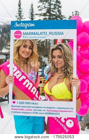 Two Young Happy Pretty Women In Colorful Bikini With Instagram Frame.