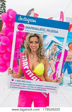Young Happy Pretty Women In Colorful Bikini With Instagram Frame.