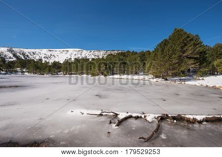 Winter Landscape Of Frozen Lagoon In Neila Lagoons In Burgos Demanda Mountain Range Castilla Y Leon 