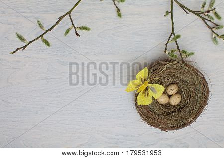 Spring flowers and colorful easter eggs frame.
