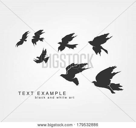 Black flying silhouettes of birds painted by hand