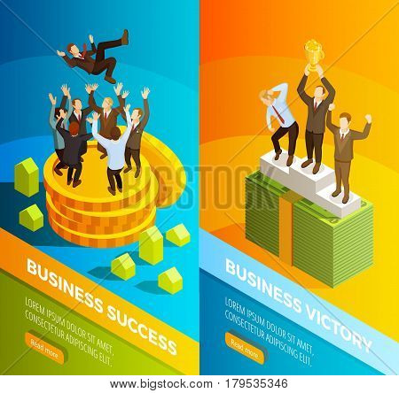 Successful winning business leaders victory celebration on podium 2 vertical isometric banners set isolated vector illustration