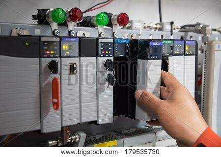 PLC programable logic controlerThis picture show hard wiring communication socket connection during technician maintenance
