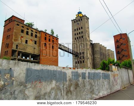 Ruins of an industrial complex. Old large empty Abandoned industrial buildings with trees on the roof