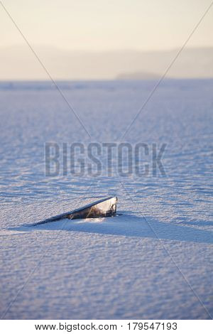 Ice On Lake Baikal, Winter. Sunset Landscape.