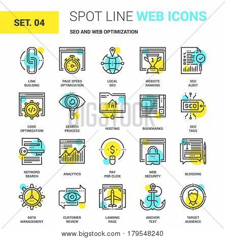 Vector set of SEO and web optimization spot line web icons. Each icon with adjustable strokes neatly designed on pixel perfect 64X64 size grid. Fully editable and easy to use.
