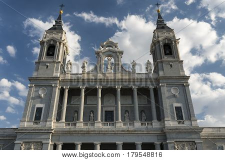 Madrid (Spain): the historic cathedral Santa Maria la Real de la Almudena facade detail