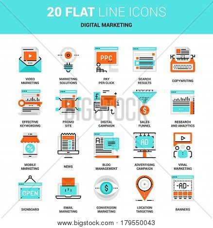 Vector set of digital marketing flat line web icons. Each icon with adjustable strokes neatly designed on pixel perfect 64X64 size grid. Fully editable and easy to use.