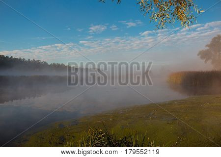 Morning fog on the Irpen river in the town of Irpin