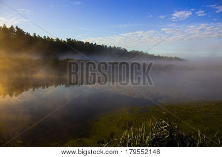 Morning fog on the Irpen river in the town of Irpin