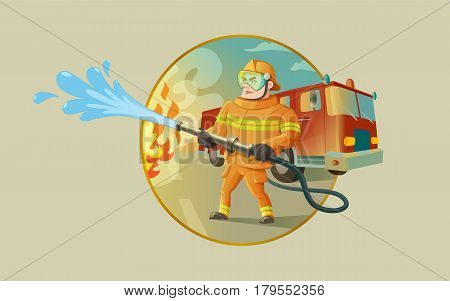 A confident fireman is putting out a fire. There is a fire truck on the background.