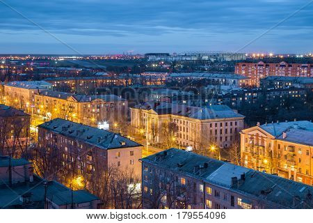 Evening Voronezh skyline from rooftop. Voronezh Aviation Technical School named after V. P. Chkalov
