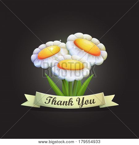 Thank you card with flowers vector design background. Greatful thanksgiving vintage ribbon banner composition with daisies on dark background template.