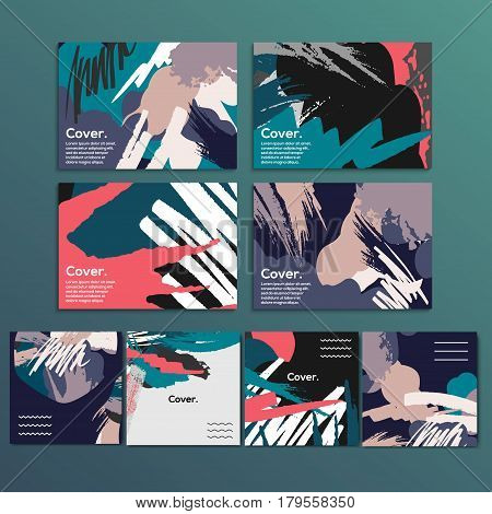 Set of creative universal art posters. Hand Drawn textures. Party invitations, banners, broshures, covers, decor elements.