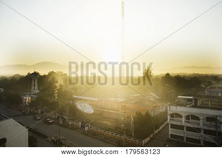Cityscape With Traffic Road Of At Tower Artesian Aquifer And Broadcasting Services Station Lampang C