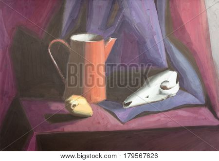 Hand drawing painting still life in hard light with skull