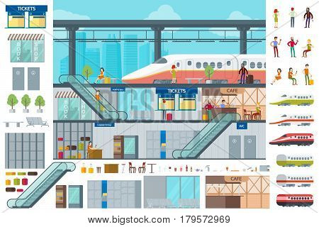 Flat train station infographic concept with people wagons baggage drinks and infrastructure elements vector illustration