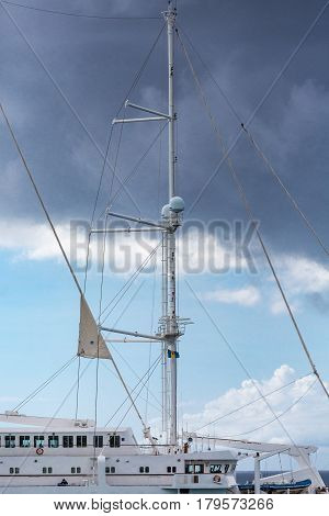 A five masted sailing ship docked in Bridgetown Barbados