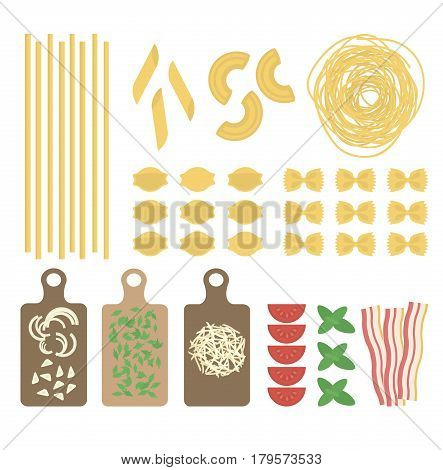Flat italian pasta set with different kinds of macaroni spaghetti and cheese basil tomato bacon onion ingredients isolated vector illustration