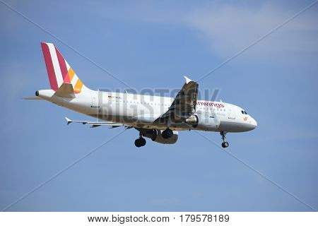 Amsterdam the Netherlands - July 21st 2016: D-AKNO Germanwings Airbus A319 approaching Polderbaan runway at Schiphol Amsterdam Airport arriving from stuttgard Germany