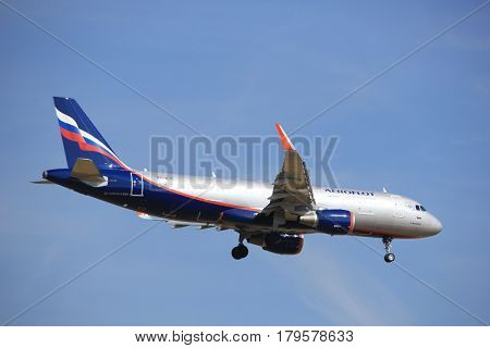 Amsterdam the Netherlands - July 21st 2016:VP-BJY Aeroflot - Russian Airlines Airbus A320 approaching Polderbaan runway at Schiphol Amsterdam Airport arriving from Moscow Russia