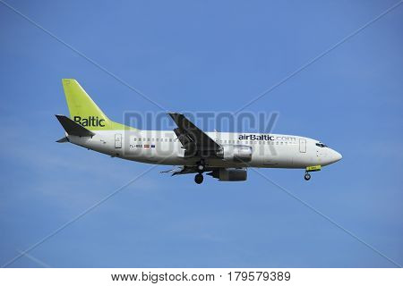 Amsterdam the Netherlands - July 21st 2016: PH-BGO KLM Royal Dutch AirliYL-BBS Air Baltic Boeing 737 approaching Polderbaan runway at Schiphol Amsterdam Airport arriving from Riga Latvia