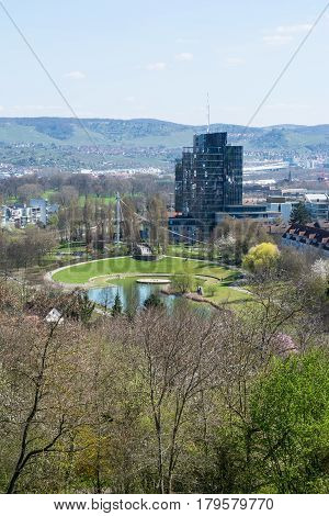 Killesberg Park Pond Glass Tower Hill Mountains Stuttgart Germany Landscape Beautiful Day Blue Sky T