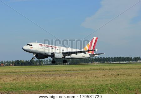 Amsterdam the Netherlands - August 18th 2016: D-AKNN Germanwings Airbus A319 taking off from Polderbaan Runway Amsterdam Airport Schiphol