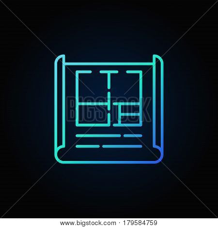 Apartment plan blue outline icon - vector house whiteprint colorful symbol or design element in thin line style on dark background