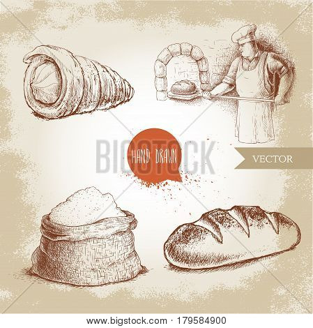 Hand drawn set bakery illustrations. Baker making fresh bread in stone oven cream roll fresh baguette and flour sack.