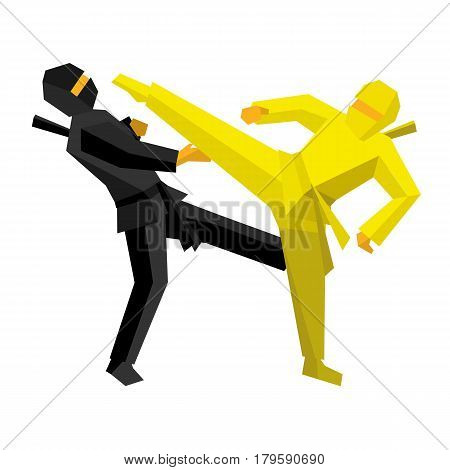 Black and yellow ninja combat. Martial art fighter hit one another. Vector illustration on white background.