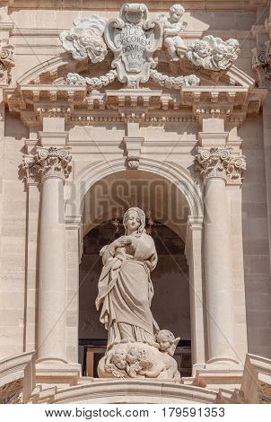 Statue In Front Of The Cathedral Of Syracuse, Sicily