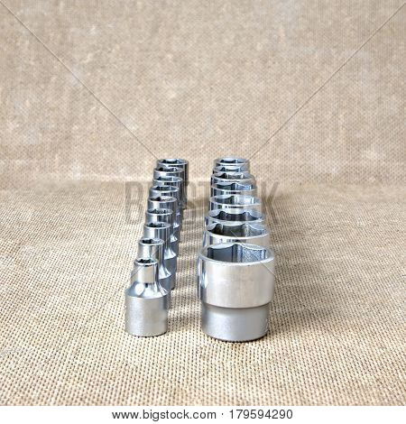 Hex head 6-22 set. Hex head for screwdriver. To tool loosening screws bolts and nuts. Picture for illustration a collage.