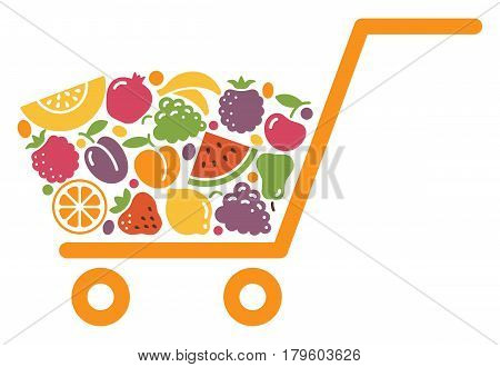 Stylized shopping cart full of fresh fruits