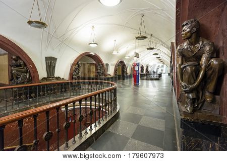 MOSCOW - MAY 4: The metro station Ploschad Revolutsii at night on May 4, 2013 in Moscow, Russia. Metro station Ploschad Revolutsii is a great monument of the Soviet era.