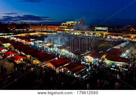 Market square in Marrakesh, Morocco an night