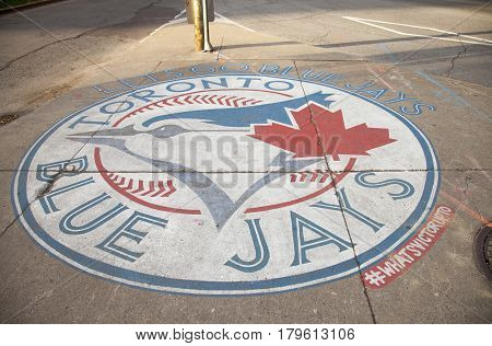 Toronto, Canada - NOVEMBER 01,2016: Sign of Toronto Blue Jays logo on the city