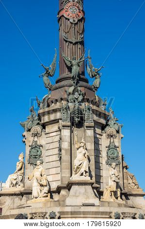 The Columbus Monument is a 60 m tall monument to Christopher Columbus at the lower end of La Rambla Barcelona Catalonia Spain