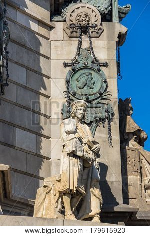 The Columbus Monument is a 60 m tall monument to Christopher Columbus at the lower end of La Rambla Barcelona Catalonia Spain