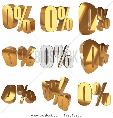 Gold zero percent on white background set. 3d render illustration.