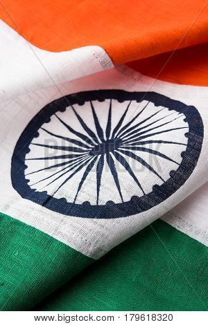 Closeup picture of indian flag made up of pure cotton or khadi, showing texture, selective focus