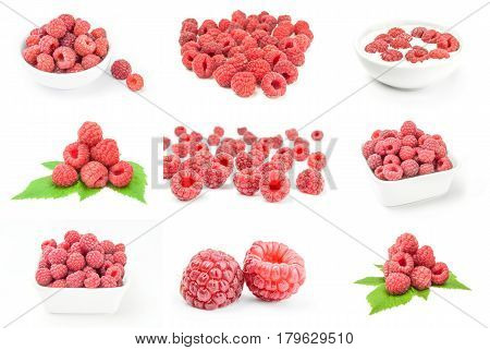 Set of raspberry fruit on a white background clipping path