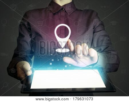 Image of a girl with tablet pc in her hands and location icon. Search of addresses and contacts of organizations location of objects guide.