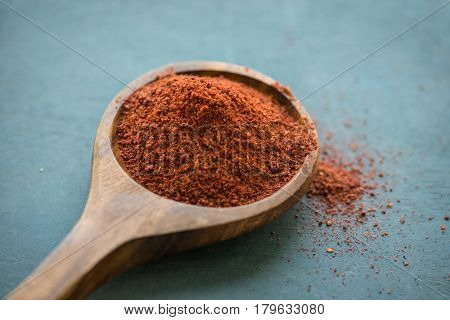 A wooden spoon filled with an authentic, middle eastern Sumak spice powder.