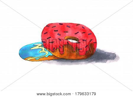 Two colorful glazed donuts isolated on a white background. Sweet bakery with decorations. IIlustration